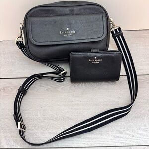 KATE SPADE Rosie Flap Camera Crossbody Bag Black Pebbled Leather W/Wallet